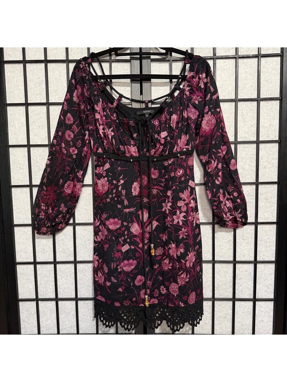 Gucci Floral Print Cold Shoulder Mini Dress Rope Tie Sz 38 Boho Goth